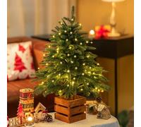BLOSMON Small Christmas Tree with Lights: 2.6ft Mini Norfolk Pine Tree 106 PE Branches Table Decoration - Remote Control 70 LEDs Timer 8 Light Modes Wooden Pot - Artificial Xmas Trees Desk Top Home