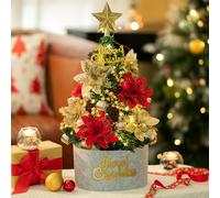 BLOSMON Small Christmas Tree with Lights: 60cm Red Gold Mini Xmas Tree with Timer 5m 50 LEDs for Table Centrepiece Decorations - Artificial Poinsettia Trees for Desk Fireplace Kitchen