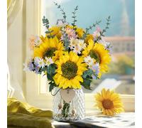 BLOSMON Sunflowers Artificial Flowers in Vase: Fake Silk Sunflower Daisy Bouquet with Glass Vase Table Centrepiece Decorations - Yellow Faux Arrangements Dining Living Room Kitchen Decor Gift