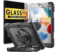 BLOSOMEET Case for iPad 9th/8th/7th Generation 2021/2020/2019 10.2 Inch with Tempered Glass Screen Protector & Pencil Holder,Protective Kids iPad 10.2 Case Cover w/Stand Hand Shoulder Strap,Black