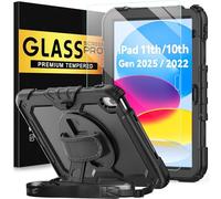 BLOSOMEET Case for iPad A16 11th/10th Generation 11''/10.9'' 2025/2022 with Tempered Glass Screen Protector & Pencil Holder, Rugged Military Grade Cover w/Stand Hand Shoulder Strap, Black