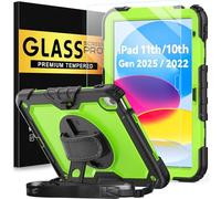 BLOSOMEET Case for iPad A16 11th/10th Generation 11''/10.9'' 2025/2022 with Tempered Glass Screen Protector & Pencil Holder, Rugged Military Grade Cover w/Stand Hand Shoulder Strap, Green