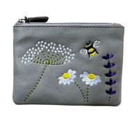 Blossom Bee & Daisy Leather Coin and Card Purse - RFID Protected - Floral Embroidery - Compact Soft Leather Purse with Dust Bag - 12 x 9 x 1cm
