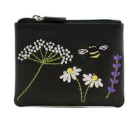 Blossom Bee & Daisy Leather Coin and Card Purse - RFID Protected - Floral Embroidery - Compact Soft Leather Purse with Dust Bag - 12 x 9 x 1cm