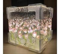 Blossom Box, DIY Tulips Cube Mirror Lamp, DIY Tulip Mirror Night Light, Cube Tulips Flower Desk Lamp, Handmade Diy Tulip Flower Magic Cube Mirror Light, Bedside Lamp for Womens, Home Decor (Pink)