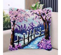 Blossom Cherry Flower Tree Path Latch Hook Kits Pillow with Printed Canvas DIY Handmade Cushion Crochet Yarn Embroidery Hook and Latch Kit Pillowcase Christmas Decoration 43x43cm