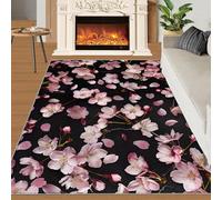 Blossom Cherry Rugs for Girls Bedroom 60x90 cm, Non-Slip Washable Pink Flower Design Area Rug for Women, Soft Low-Pile Japanese Carpet, Botanical Black Style