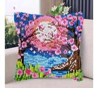 Blossom Cherry Tree Under Moonlight DIY Latch Hook Kits Pillow with Printed Canvas Handmade Cushion Crochet Yarn Embroidery Hook and Latch Kit Pillowcase Christmas Decor 43x43cm