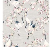 Blossom Crane Natural Pink Wallpaper - Floral Birds Flowers Grasscloth Print Nature Modern Contemporary