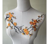 Blossom Embroidery Patch, Large Floral Applique with Plum Tree Branch, Iron on or Sew on Motif for Women’s Dresses, Wedding Gown, Jackets and DIY Craft Projects 1 Piece (Orange)