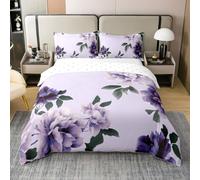 Blossom Floral Duvet Cover Set 100% Cotton Ink Painting Japanese Style King Size Bedding Sets Watercolor Leaf Botanical Comforter Cover for Kids Purple Bedding with 2 Pillowcases(No Comforter)