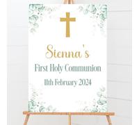 Blossom Lane First Holy Communion Party Welcome Sign Custom Personalised Green and Golf Floral Cross