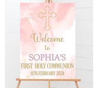 Blossom Lane First Holy Communion Party Welcome Sign Custom Personalised Pink and Gold