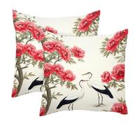 Blossom Peony Two Herons 2 Pack Square Throw Pillow Covers Decorative Soft Velvet Pillowcase for Couch Sofa Bed Car Living Room, 40x40cm