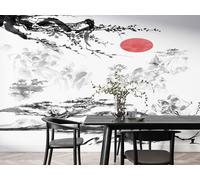 Blossom Plum Blossom Wall Mural, Japanese Ukiyo-e Wallpaper, Peel and Stick Self-Adhesive Photo Wallpaper, Large Murals Poster Decoration for Living Room Bedroom 250*175cm (W*H) Blossom Red Sun