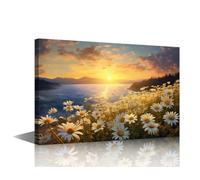 Blossoming Flowers Pictures for Bedroom Sunset over the Sea Poster Prints on Canvas Daisies Wall Art 1 Piece Home Decorations for Living Room Framed and Stretched Ready to Hang (16''Wx 24''H)