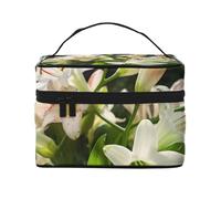 Blossoming Lilies Printing Makeup Bag for Women Portable Travel Cosmetic Case Make Up Organizer Bag Beauty Box with Inner Pouch and Handle