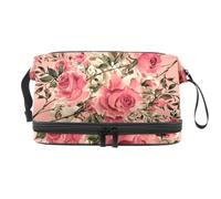Blossoming Pina and White Roses Double Layer Cosmetic Bag for Women and Girls, Travel Toiletry Bag Makeup Handy Pouch Organiser Bag with Brush Compartment