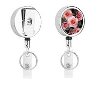 Blossoming Rose Flowers Badge Holder with Retractable Reel, Stainless Steel Badge Clip, Heavy Duty ID Card Holder for Work, Nurse, Teacher & Security