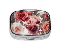 Blossoming Rose Flowers Printed Square Pill Organizer with 2 Compartments, Portable Mini Pill Box Pill Case for Medicine, Vitamin, Fish Oil, Supplements