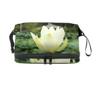Blossoming White Lotus Double Layer Cosmetic Bag for Women and Girls, Travel Toiletry Bag Makeup Handy Pouch Organiser Bag with Brush Compartment