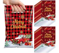 Blosssound 100 Pcs Christmas Gift Bags Bulk Merry Christmas Goodie Bags with Handle Red and Black Plaid Truck Merchandise Treat Party Favors Wrap for Winter Holiday Small Business, 6.7" x 9.8"