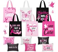 Blosssound 12 Pcs Breast Cancer Awareness Gift Bulk Tote Bags and Cosmetic Pouches Set Pink Ribbon Canvas Reusable Bags for Survivor Gifts Fundraiser Giveaways Charity Walks Awareness Events
