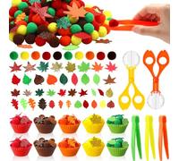 Blosssound 265 Pcs Fall Fine Motor Thanksgiving Counting Sorting Sensory Bin Filler Set Includes Pom Poms Fall Leaves Sorting Cups Tweezers Scissors Clips for Autumn Thanksgiving Decor Early Education