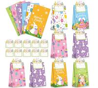 Blosssound 30 Pack Easter Paper Gift Bags Easter Bunny Egg Treat Bags with Name Stickers Spring Candy Cookie Goodie Favors Picnic Basket Stuffers Holiday Party Decor Supplies