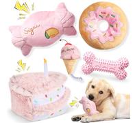 Blosssound 5 Pack Dog Birthday Toy Set Puppy Plush Squeaky Dogs Birthday Gifts Puppy Stuffed Chew Toys Cute Cake Candy Donut Ice Cream Bone Shape for Small Medium Large Breed Pet Supplies(Pink Girl)