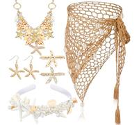 Blosssound 6 Pcs Halloween Mermaid Costume Skirt Cover up Beach Hand Crochet Shawl Starfish Pearl Hair Clips Shell Necklace, Brown；white, One Size