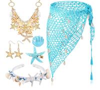 Blosssound 6 Pcs Summer Mermaid Costume Skirt Cover up Beach Hand Crochet Shawl Starfish Pearl Hair Clips Shell Necklace, Blue, One Size