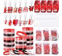 Blosssound 96 Pcs Red Ribbon Awareness Bulk Includes Drug Free Bracelets Keychains Bookmarks Bags Heart Awareness Items for Charity Fundraiser Motivational Supplies