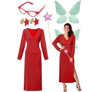 Blosssound Godmother Costume Set, Halloween Godmother Cosplay Costume, Women Sexy Sequin Dress and Fairy Clothing Accessories, Red, White, as the picture shows