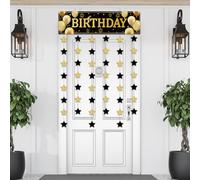 Blosssound Happy Birthday Door Decorations Golden Door Cover Banner Black and Gold Hanging Star Garland Porch Sign Backdrop Doorway Decor for Men and Women Birthday Party Supplies