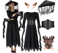 Blosssound Renaissance Mushroom Costume for Women Fairy Cosplay Halloween Outfit Accessories Dress Hat Gloves Elf Ears Corset, Mainly Black, X-Large
