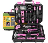 BLOSTM 100 Piece Pink Tool Kit - Home Tool Set With Essential Hand Tools for DIY Projects, Household Repairs - Portable Plastic Tool Box with Hammer, Pliers, Screwdrivers, Hex Keys & More (Pink/Black)
