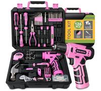 BLOSTM 126 Piece Pink Tool Kit with Drill - Home Tool Set with 8V Cordless Pink Drill & Essential Hand Tools for DIY, Household Repairs - Portable Plastic Tool Box, Screwdrivers, Bits, Pliers & More
