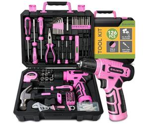 BLOSTM 126 Piece Pink Tool Kit with Drill - Home Tool Set with 8V Cordless Pink Drill & Essential Hand Tools for DIY, Household Repairs - Portable Plastic Tool Box, Screwdrivers, Bits, Pliers & More