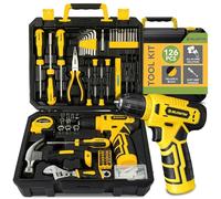 BLOSTM 126 Piece Tool Kit with Drill - Home Tool Set with 8V Cordless Drill & Essential Hand Tools for DIY, Household Repairs - Portable Plastic Tool Box, Screwdrivers, Bits, Pliers & More (Yellow)