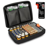 BLOSTM Battery Organiser Storage Case - Portable Battery Holder with 140 Slots for AAA, AA, 9V, C, D, Button Cell - Large Robust Carrying Case with Pockets & BT-168 Tester (Batteries Not Included)