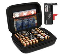 BLOSTM Battery Storage Case with Tester - Portable Battery Organiser with 64 Slots for AAA, AA, 9V C, D, Button Cell - Compact, Robust Carrying Case for Batteries (Not Included)