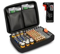 BLOSTM Battery Organiser Storage Case - Portable Battery Holder with 140 Slots for AAA, AA, 9V, C, D, Button Cell - Large Robust Carrying Case with Pockets & BT-168 Tester (Batteries Not Included)