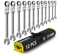 BLOSTM Flexible Ratchet Spanner Set - 12 PCS Combination Spanner Set 8-19mm 180° Flex Head 72 Tooth Gear System Cr-V Steel Ratchet Wrench Set for DIY & Repairs - Includes Roll-Up Storage Pouch