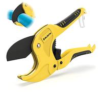 BLOSTM Plastic Pipe Cutter - Heavy Duty Ratchet Pipe Cutters with 42mm Outside Diameter Cutting Capacity for PVC PEX PPR Plastic Pipes & Rubber Hoses, Ergonomic Non-Slip Handle & Safety Lock (Yellow)
