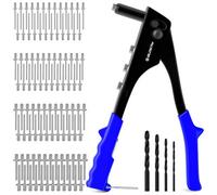 BLOSTM Pop Rivet Gun Kit - 100 PCS Pop Rivets in 4 Sizes (2.4mm 3.2mm 4mm 4.8mm) Pop Riveter Gun, 4 Rivet Nosepieces, 4 Drill Bits - Hand Riveter for Metal, Plastic, Auto Repairs, Furniture (Blue)