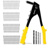 BLOSTM Pop Rivet Gun Kit - 100 PCS Pop Rivets in 4 Sizes (2.4mm 3.2mm 4mm 4.8mm) Pop Riveter Gun, 4 Rivet Nosepieces, 4 Drill Bits - Hand Riveter for Metal, Plastic, Auto Repairs, Furniture (Yellow)