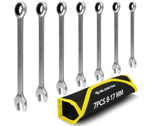BLOSTM Ratchet Spanner Set - 7 Piece Metric Spanner Set 8mm to 17mm, 72 Tooth Gear System, Chrome Vanadium Steel, Combination Wrenches for DIY, Car & Bike Repairs - with Roll-Up Storage Pouch 7 PCS