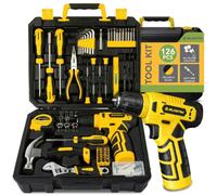 BLOSTM 126 Piece Tool Kit with Drill - Home Tool Set with 8V Cordless Drill & Essential Hand Tools for DIY, Household Repairs - Portable Plastic Tool Box, Screwdrivers, Bits, Pliers & More (Yellow)