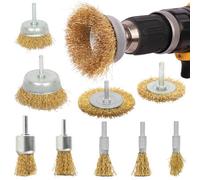 BLOSTM Steel Wire Brush for Drill - 9 PCS Brass Coated Drill Wire Brush Attachment Set with 1/4" Shank Hex - Metal Wheel Brushes for Cleaning, Rust & Paint Removal, Polishing (9 PCS)